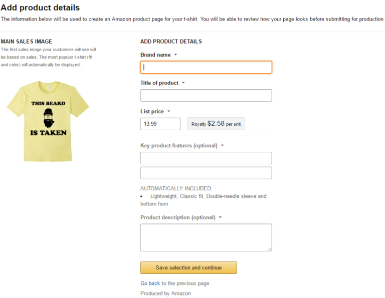 Product detail page on Amazon Merch