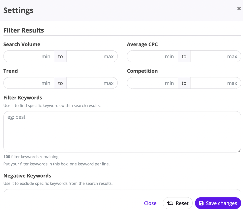 keyword tool settings