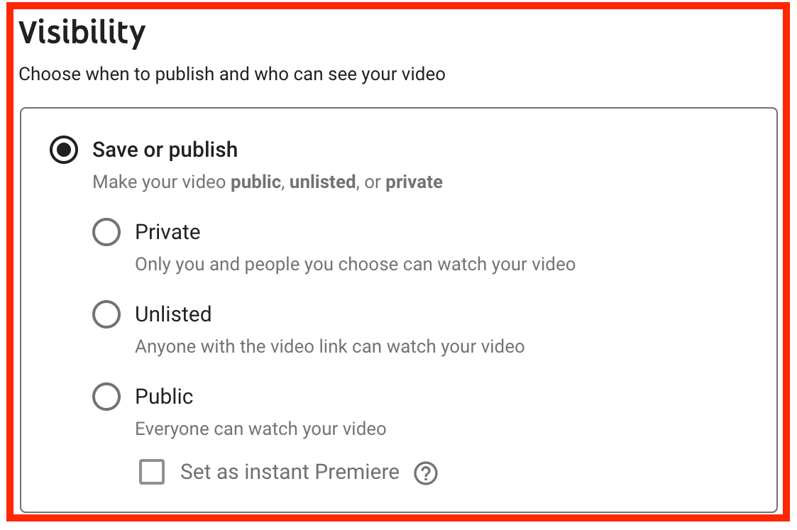 YouTube visibility settings