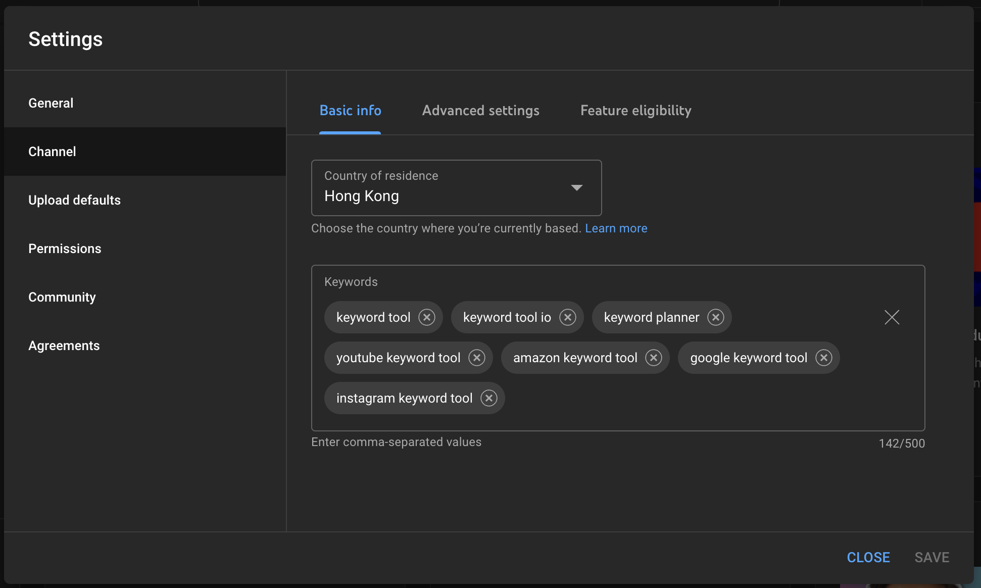 add youtube channel keywords